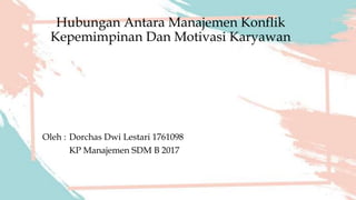 Hubungan Antara Manajemen Konflik
Kepemimpinan Dan Motivasi Karyawan
Oleh : Dorchas Dwi Lestari 1761098
KP Manajemen SDM B 2017
 