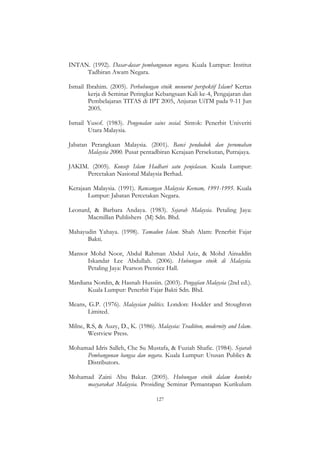 127
INTAN. (1992). Dasar-dasar pembangunan negara. Kuala Lumpur: Institut
Tadbiran Awam Negara.
Ismail Ibrahim. (2005). Perhubungan etnik menurut perspektif Islam? Kertas
kerja di Seminar Peringkat Kebangsaan Kali ke-4, Pengajaran dan
Pembelajaran TITAS di IPT 2005, Anjuran UiTM pada 9-11 Jun
2005.
Ismail Yusof. (1983). Pengenalan sains sosial. Sintok: Penerbit Univeriti
Utara Malaysia.
Jabatan Perangkaan Malaysia. (2001). Banci penduduk dan perumahan
Malaysia 2000. Pusat pentadbiran Kerajaan Persekutan, Putrajaya.
JAKIM. (2005). Konsep Islam Hadhari satu penjelasan. Kuala Lumpur:
Percetakan Nasional Malaysia Berhad.
Kerajaan Malaysia. (1991). Rancangan Malaysia Keenam, 1991-1995. Kuala
Lumpur: Jabatan Percetakan Negara.
Leonard, & Barbara Andaya. (1983). Sejarah Malaysia. Petaling Jaya:
Macmillan Publishers (M) Sdn. Bhd.
Mahayudin Yahaya. (1998). Tamadun Islam. Shah Alam: Penerbit Fajar
Bakti.
Mansor Mohd Noor, Abdul Rahman Abdul Aziz, & Mohd Ainuddin
Iskandar Lee Abdullah. (2006). Hubungan etnik di Malaysia.
Petaling Jaya: Pearson Prentice Hall.
Mardiana Nordin, & Hasnah Hussiin. (2003). Pengajian Malaysia (2nd ed.).
Kuala Lumpur: Penerbit Fajar Bakti Sdn. Bhd.
Means, G.P. (1976). Malaysian politics. London: Hodder and Stoughton
Limited.
Milne, R.S, & Auzy, D., K. (1986). Malaysia: Tradition, modernity and Islam.
Westview Press.
Mohamad Idris Salleh, Che Su Mustafa, & Fuziah Shafie. (1984). Sejarah
Pembangunan bangsa dan negara. Kuala Lumpur: Utusan Publics &
Distributors.
Mohamad Zaini Abu Bakar. (2005). Hubungan etnik dalam konteks
masyarakat Malaysia. Prosiding Seminar Pemantapan Kurikulum
 