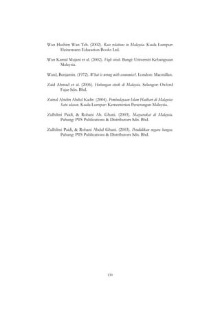 130
Wan Hashim Wan Teh. (2002). Race relations in Malaysia. Kuala Lumpur:
Heinemann Education Books Ltd.
Wan Kamal Mujani et al. (2002). Fiqh sirah. Bangi: Universiti Kebangsaan
Malaysia.
Ward, Benjamin. (1972). What is wrong with economics?. London: Macmillan.
Zaid Ahmad et al. (2006). Hubungan etnik di Malaysia. Selangor: Oxford
Fajar Sdn. Bhd.
Zainal Abidin Abdul Kadir. (2004). Pembudayaan Islam Hadhari di Malaysia:
Satu ulasan. Kuala Lumpur: Kementerian Penerangan Malaysia.
Zulhilmi Paidi, & Rohani Ab. Ghani. (2003). Masyarakat di Malaysia.
Pahang: PTS Publications & Distributors Sdn. Bhd.
Zulhilmi Paidi, & Rohani Abdul Ghani. (2003). Pendidikan negara bangsa.
Pahang: PTS Publications & Distributors Sdn. Bhd.
 