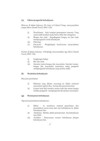 15
(e) Faktor pengaruhi kebudayaan
Dawson di dalam bukunya The Source of Cultural Change, menyenaraikan
empat faktor (Ismail Yusof, 2003: 124):
(i) Persekitaran - Iaitu keadaan penempatan manusia. Yang
utama ialah keadaan muka bumi, iklim dan sebagainya.
(ii) Bangsa dan etnik - Kepelbagaian bangsa, ras dan etnik
mempengaruhi corak kebudayaan.
(iii) Psikologi.
(iv) Ekonomi - Penghidupan berekonomi mencorakkan
kebudayaan.
Fischer di dalam bukunya Anthropology menyenaraikan tiga faktor (Ismail
Yusof, 2003: 124):
(i) Lingkungan hidup.
(ii) Ras dan etnik.
(iii) Interaksi antara-bangsa dan masyarakat. Interaksi antara-
bangsa dan masyarakat semestinya saling pengaruh
mempengaruhi kebudayaan yang mereka miliki.
(f) Perubahan kebudayaan
Dua jenis perubahan:
(i) Dalaman yang dibawa seseorang ke dalam sesebuah
masyarakat seperti idea, konsep dan penemuan baru.
(ii) Luaran hasil dari interaksi antara etnik dan antara-bangsa
berlaku pengaruh- mempengaruhi dan pinjam-meminjam.
(g) Peminjaman kebudayaan
Tiga jenis peminjaman kebudayaan:
(i) Difusi - Ia membawa maksud penyebaran dan
pemindahan unsur-unsur dari satu kebudayaan ke dalam
kebudayaan lain.
(ii) Akulturasi - Berlaku akibat percantuman dua kebudayaan
atau lebih.
(iii) Asimilasi - Penyesuaian sesuatu kebudayaan dengan
kebudayaan lain.
 