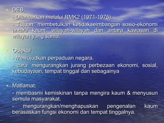• DEB;DEB;
- Dilancarkan melalui RMK2 (1971-1975).- Dilancarkan melalui RMK2 (1971-1975).
- Tujuan: membetulkan ketidakseimbangan sosio-ekonomi- Tujuan: membetulkan ketidakseimbangan sosio-ekonomi
antara kaum, wilayah-wilayah dan antara kawasan diantara kaum, wilayah-wilayah dan antara kawasan di
wilayah yang sama.wilayah yang sama.
• Objektif :Objektif :
- Mewujudkan perpaduan negara.- Mewujudkan perpaduan negara.
- cara: mengurangkan jurang perbezaan ekonomi, sosial,- cara: mengurangkan jurang perbezaan ekonomi, sosial,
kebudayaan, tempat tinggal dan sebagainyakebudayaan, tempat tinggal dan sebagainya
• Matlamat:Matlamat:
- membasmi kemiskinan tanpa mengira kaum & menyusun- membasmi kemiskinan tanpa mengira kaum & menyusun
semula masyarakat.semula masyarakat.
- mengurangkan/menghapuskan pengenalan kaum- mengurangkan/menghapuskan pengenalan kaum
berasaskan fungsi ekonomi dan tempat tinggalnya.berasaskan fungsi ekonomi dan tempat tinggalnya.
 