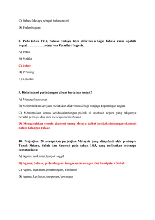 Soalan dan Jawapan  Hubungan Etnik (Kuiz/Past Year) 2