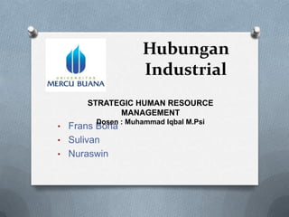 Hubungan
Industrial
STRATEGIC HUMAN RESOURCE
MANAGEMENT
Dosen : Muhammad Iqbal M.Psi

• Frans Bona
• Sulivan
• Nuraswin

 