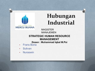 Hubungan
Industrial
MAGISTER
MANAJEMEN

STRATEGIC HUMAN RESOURCE
MANAGEMENT
Dosen : Muhammad Iqbal M.Psi
•
•
•

Frans Bona
Sulivan
Nuraswin

 