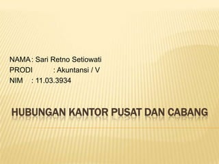 NAMA : Sari Retno Setiowati
PRODI
: Akuntansi / V
NIM : 11.03.3934

HUBUNGAN KANTOR PUSAT DAN CABANG

 