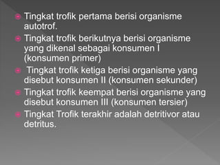  Tingkat trofik pertama berisi organisme
autotrof.
 Tingkat trofik berikutnya berisi organisme
yang dikenal sebagai konsumen I
(konsumen primer)
 Tingkat trofik ketiga berisi organisme yang
disebut konsumen II (konsumen sekunder)
 Tingkat trofik keempat berisi organisme yang
disebut konsumen III (konsumen tersier)
 Tingkat Trofik terakhir adalah detritivor atau
detritus.
 