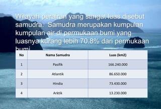 Wilayah perairan yang sangat luas disebut
samudra. Samudra merupakan kumpulan
kumpulan air di permukaan bumi yang
luasnya kurang lebih 70.8% dari permukaan
bumi.
No Nama Samudra Luas (km2)
1 Pasifik 166.240.000
2 Atlantik 86.650.000
3 Hindia 73.430.000
4 Arktik 13.230.000
 
