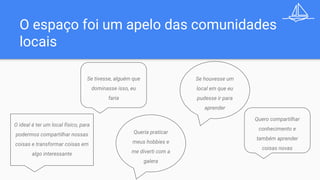 O espaço foi um apelo das comunidades
locais
O ideal é ter um local físico, para
podermos compartilhar nossas
coisas e transformar coisas em
algo interessante
Se tivesse, alguém que
dominasse isso, eu
faria
Se houvesse um
local em que eu
pudesse ir para
aprender
Quero compartilhar
conhecimento e
também aprender
coisas novas
Queria praticar
meus hobbies e
me diverti com a
galera
 