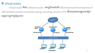 29
៥. Virtual routers
Virtual router េឺត software router. ចេច្ច្ើវាចៅចលើ VM(Virtual machine) instances of
x86 hardware servers to provide routing, switching, security, VPN, ជាពង្ បខងារច្េង្ៗចាៀិ
្មច្់អនទច្ច្ើ្ា ់។
 