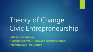 Theory of Change:
Civic Entrepreneurship
JEFFREY J. BUSSGANG
FLYBRIDGE CAPITAL | HARVARD BUSINESS SCHOOL
HUBWEEK 2018 – OCTOBER 9
 