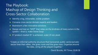The Playbook:
Mashup of Design Thinking and
Cross-Sector Collaboration
 Identify a big, intractable, visible problem
 Co...
