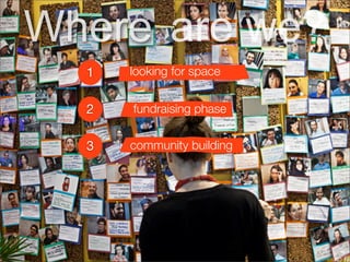 Where are we?
  1   looking for space


  2   fundraising phase


  3   community building
 