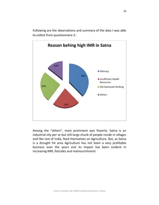 31
Infant mortality rate (IMR) & Malnourishment in Satna
Following are the observations and summary of the data I was able
to collect from questionnaire 2:
Among the “others”, most prominent was Poverty. Satna is an
industrial city per se but still large chunk of people reside in villages
and like rest of India, feed themselves on Agriculture. But, as Satna
is a drought hit area Agriculture has not been a very profitable
business over the years and its impact has been evident in
increasing IMR, feticides and malnourishment.
38%
22%
26%
14%
Reason behing high IMR in Satna
Illiteracy
Insufficient Health
Resources
Old fashioned thinking
Others
 