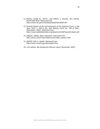 42
Infant mortality rate (IMR) & Malnourishment in Satna
12. Miniño, Arialdi M., M.P.H., and Sherry L. Murphy, B.S (2010),
NCHS Data Brief. Retrieved from
http://www.cdc.gov/nchs/data/databriefs/db99.htm
13. Seventh Report of the Commissioners of the Supreme Court, in the
case: PUCL v. UOI & Ors. Writ Petition (Civil) No. 196 of 2001,
(November, 2007). Retrieved from
http://www.righttofoodindia.org/data/comm2007seventhreport.pdf
14. UNICEF, (2009), Basic Indicators. Retrieved from
http://www.unicef.org/infobycountry/stats_popup1.html
15. UNICEF (2011), Health. Retrieved from
http://www.unicef.org/india/health.html
16.11th edition, Bal Sanjeevani Abhiyan report (November 2007)
 
