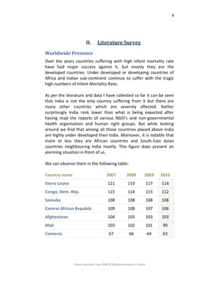 8
Infant mortality rate (IMR) & Malnourishment in Satna
II. Literature Survey
Worldwide Presence
Over the years countries suffering with high infant mortality rate
have had major success against it, but mostly they are the
developed countries. Under developed or developing countries of
Africa and Indian sub-continent continue to suffer with the tragic
high numbers of Infant Mortality Rate.
As per the literature and data I have collected so far it can be seen
that India is not the only country suffering from it but there are
many other countries which are severely affected. Rather
surprisingly India rank lower than what is being expected after
having read the reports of various NGO’s and non-governmental
health organisation and human right groups. But while looking
around we find that among all those countries placed above India
are highly under developed then India. Moreover, it is notable that
more or less they are African countries and South-East Asian
countries neighbouring India mostly. This figure does present an
alarming situation in front of us.
We can observe them in the following table:
Country name 2007 2008 2009 2010
Sierra Leone 121 119 117 114
Congo, Dem. Rep. 115 114 113 112
Somalia 108 108 108 108
Central African Republic 109 108 107 106
Afghanistan 104 103 103 103
Mali 103 102 101 99
Comoros 67 66 64 63
 