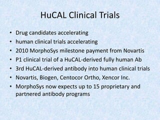 HuCAL Clinical Trials
• Drug candidates accelerating
• human clinical trials accelerating
• 2010 MorphoSys milestone payment from Novartis
• P1 clinical trial of a HuCAL-derived fully human Ab
• 3rd HuCAL-derived antibody into human clinical trials
• Novartis, Biogen, Centocor Ortho, Xencor Inc.
• MorphoSys now expects up to 15 proprietary and
partnered antibody programs
 