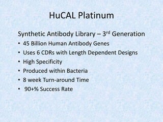 HuCAL Platinum
Synthetic Antibody Library – 3rd Generation
• 45 Billion Human Antibody Genes
• Uses 6 CDRs with Length Dependent Designs
• High Specificity
• Produced within Bacteria
• 8 week Turn-around Time
• 90+% Success Rate
 