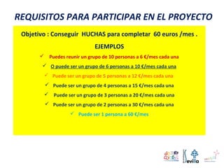 REQUISITOS PARA PARTICIPAR EN EL PROYECTO
Objetivo : Conseguir HUCHAS para completar 60 euros /mes .
EJEMPLOS
 Puedes reunir un grupo de 10 personas a 6 €/mes cada una
 O puede ser un grupo de 6 personas a 10 €/mes cada una
 Puede ser un grupo de 5 personas a 12 €/mes cada una
 Puede ser un grupo de 4 personas a 15 €/mes cada una
 Puede ser un grupo de 3 personas a 20 €/mes cada una
 Puede ser un grupo de 2 personas a 30 €/mes cada una
 Puede ser 1 persona a 60 €/mes
 
