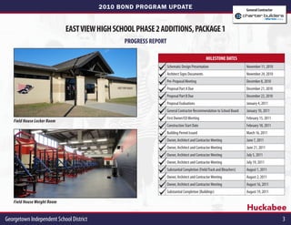 2010 BOND PROGRAM UPDATE                                                     General Contractor




                             EAST VIEW HIGH SCHOOL PHASE 2 ADDITIONS, PACKAGE 1
                                               PROGRESS REPORT

                                                                                             MILESTONE DATES
                                                                 Schematic Design Presentation                        November 11, 2010
                                                                 Architect Signs Documents                            November 24, 2010
                                                                 Pre-Proposal Meeting                                 December 8, 2010
                                                                 Proposal Part A Due                                  December 21, 2010
                                                                 Proposal Part B Due                                  December 22, 2010
                                                                 Proposal Evaluations                                 January 4, 2011
                                                                 General Contractor Recommendation to School Board    January 10, 2011
                                                                 First Owner/CO Meeting                               February 15, 2011
   Field House Locker Room
                                                                 Construction Start Date                              February 18, 2011
                                                                 Building Permit Issued                               March 16, 2011
                                                                 Owner, Architect and Contractor Meeting              June 7, 2011
                                                                 Owner, Architect and Contractor Meeting              June 21, 2011
                                                                 Owner, Architect and Contractor Meeting              July 5, 2011
                                                                 Owner, Architect and Contractor Meeting              July 19, 2011
                                                                 Substantial Completion (Field/Track and Bleachers)   August 1, 2011
                                                                 Owner, Architect and Contractor Meeting              August 2, 2011
                                                                 Owner, Architect and Contractor Meeting              August 16, 2011
                                                                 Substantial Completion (Buildings)                   August 19, 2011

   Field House Weight Room
                                                                                                                      Huckabee
Georgetown Independent School District                                                                                                     3
 