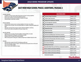 2010 BOND PROGRAM UPDATE


                                                EAST VIEW HIGH SCHOOL PHASE 2 ADDITIONS, PACKAGE 2

  Academic Addition                                                                                                                               MILESTONE DATES
  •	 Installation of exterior masonry walls and steel super-structure is nearing completion.
  •	 Interior masonry walls and metal stud installation continues.                                              Schematic Design Presentation                                      January 1, 2011
  •	 Roof structure, roof deck, and roof insulation installation has begun.                                     Architect Signs Documents                                          March 8, 2011
  •	 Overhead utilities on both floors continues.
                                                                                                                Building Permit Application Submittal                              March 15, 2011

  Athletic Addition                                                                                             Site Plan Application Submittal                                    March 17, 2011
  •	 Roof and exterior masonry veneer is nearing completion at the locker room addition.                        Pre-Proposal Meeting                                               March 22, 2011
  •	 Rooftop air units are in place. Once the overhead utilities are complete, ceiling grid installation will
      begin.                                                                                                    Tour with General Contractors at East View Ninth Grade Center      March 30, 2011
  •	 Steel super-structure for the new gym is in place. Roof deck installation is underway.
  •	 Exterior masonry walls are being placed at the gym and gym entry.                                          Proposal Part A Due                                                April 7, 2011
                                                                                                                Proposal Part B Due                                                April 8, 2011
  Fine Arts Addition                                                                                            Proposal Evaluations                                               April 11, 2011
  •	 Rooftop air units are in place at the drama addition. Overhead utilities are in place.
  •	 Walls are being painted. Ceiling grid is currently being installed.                                        Received City Building Dept. Plan Review Comments                  April 14, 2011
  •	 Rooftop air units are in place at the orchestra addition.                                                  General Contractor Recommendation to School Board                  April 18, 2011
  •	 Walls are being painted. Ceiling grid is installed and light fixture installation began last week.
                                                                                                                Received City Planning Dept. Plan Review Comments                  April 25, 2011

  CATE/ROTC                                                                                                     Construction Start Date                                            May 19, 2011
  •	 Half of the slab is in place for the CATE. Final slab pour will be next.                                   First Owner/CO Meeting                                             May 24, 2011
  •	 Half of the steel super-structure is in place . Once final slab has been poured, the rest of the steel
       super-structure will be installed.                                                                       Building Permit Issued                                             June 1, 2011
  •	 Interior masonry wall installation has begun.
                                                                                                                Baseball/Softball Fields and Field House Substantial Completion    February 7, 2012
                                                                                                                Owner, Architect and Contractor Meeting                            March 6, 2012
                                                                                                                Owner, Architect and Contractor Meeting                            March 13, 2012
                                                                                                                Owner, Architect and Contractor Meeting                            March 20, 2012
                                                                                                                Substantial Competion                                              June 27, 2012

                                                                                                                                                                                  Huckabee
Georgetown Independent School District	                                                                                                                                                               4
 
