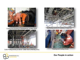 Our People in action
Cutting and Grinding of Seafastening at Main Deck
Cable Pulling Activity at above Cellar Deck (Well Bay area)
Scaffolding activity for welding of pipe line
Welding and Cutting Works
 