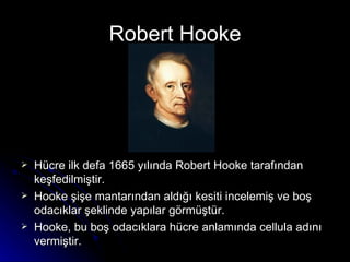 Robert Hooke Hücre ilk defa 1665 yılında Robert Hooke tarafından keşfedilmiştir.  Hooke şişe mantarından aldığı kesiti incelemiş ve boş odacıklar şeklinde yapılar görmüştür. Hooke, bu boş odacıklara hücre anlamında cellula adını vermiştir. 