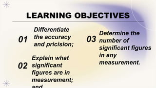 01
02
03
LEARNING OBJECTIVES
Differentiate
the accuracy
and pricision;
Explain what
significant
figures are in
measurement;
Determine the
number of
significant figures
in any
measurement.
 