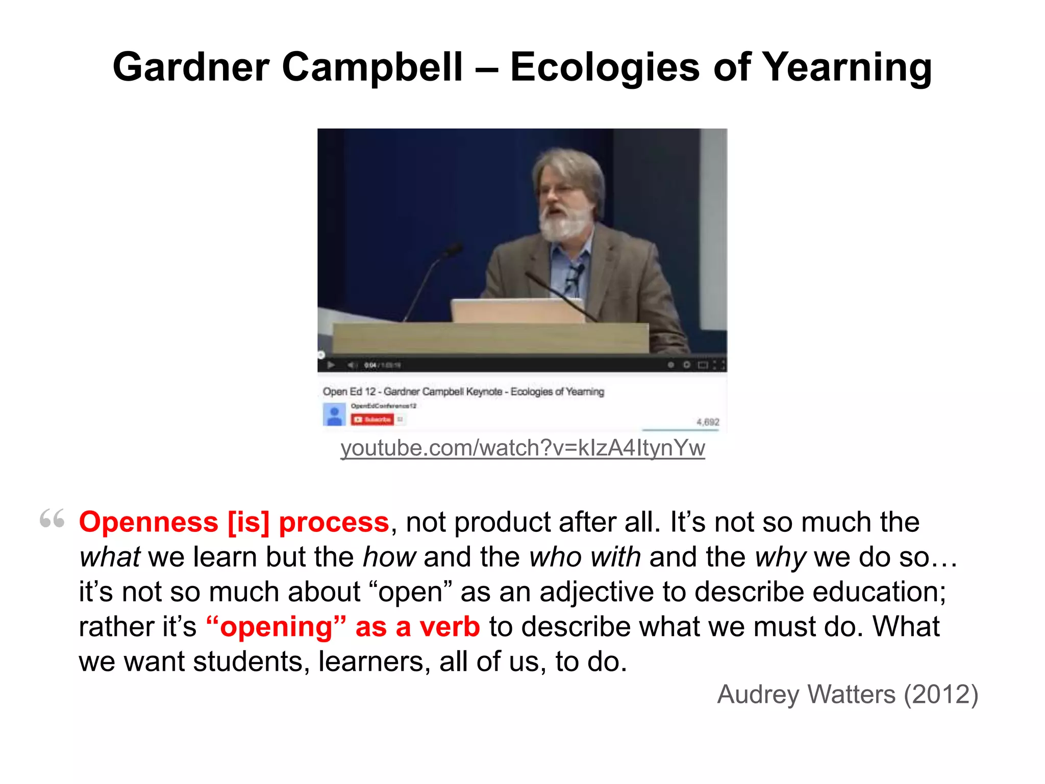 Image: CC BY-SA 2.0 Marcel Oosterwijk
OEP
(Open Educational
Practices)

OER
(Open Educational
Resources)

Free

Open Admission
(e.g. Open University)
DEFINITIONS of
‘OPEN’
 