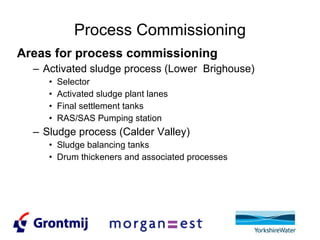 Process Commissioning Areas for process commissioning Activated sludge process (Lower  Brighouse) Selector Activated sludge plant lanes Final settlement tanks RAS/SAS Pumping station Sludge process (Calder Valley) Sludge balancing tanks Drum thickeners and associated processes 