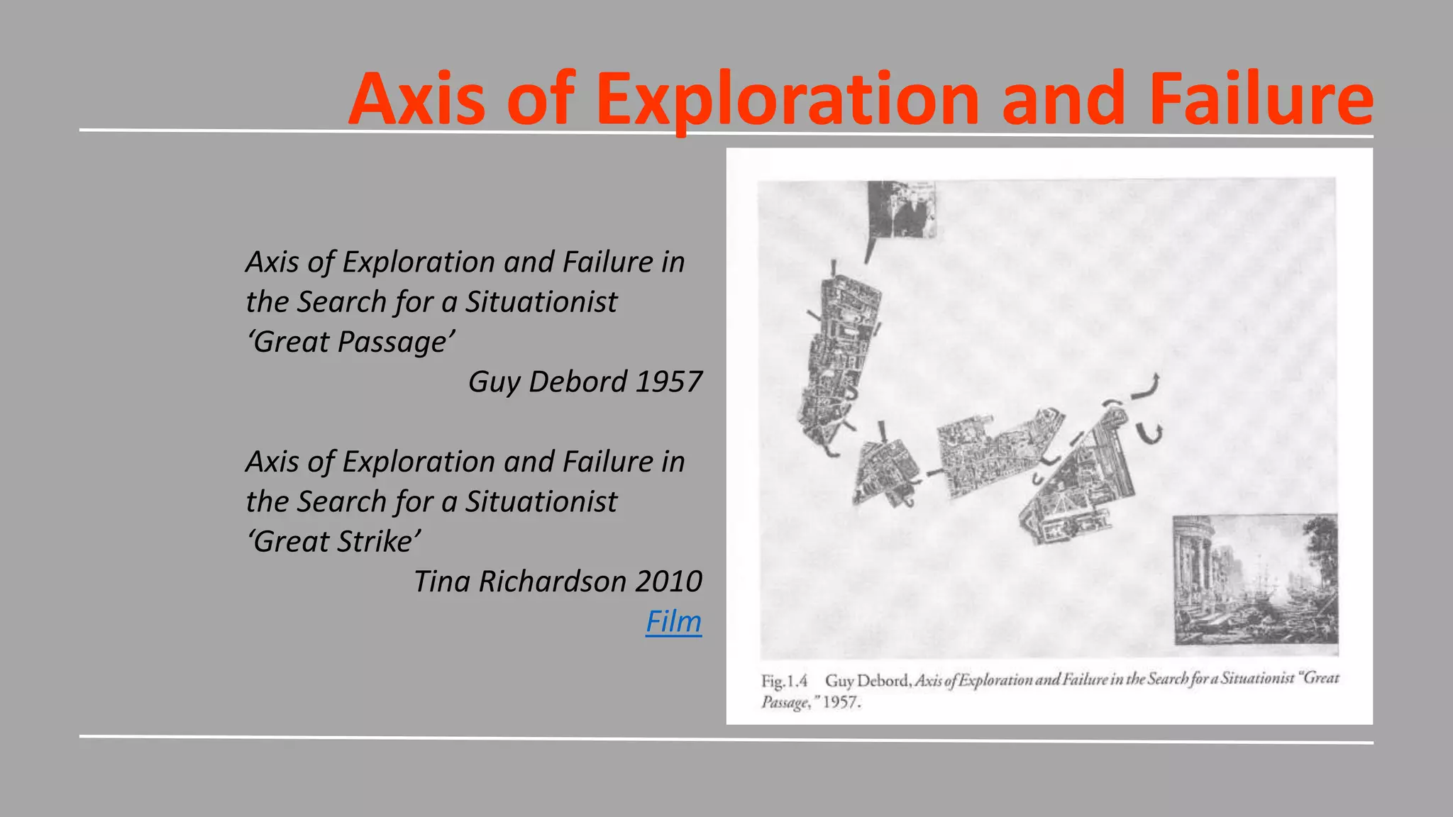 Axis of Exploration and Failure
Axis of Exploration and Failure in
the Search for a Situationist
‘Great Passage’
Guy Debord 1957
Axis of Exploration and Failure in
the Search for a Situationist
‘Great Strike’
Tina Richardson 2010
Film
 