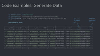 Code Examples: Generate Data
val dataGenerator = new DataGenerator
val generatedJson = convertToStringList(dataGenerator.g...