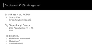 Requirement #6: File Management
Small Files = Big Problem
- Slow queries
- Stress filesystem metadata
Big Files = Large Delays
- 2GB Parquet writing => ~5-10
mins
File Stitching?
- Band-aid for bullet wound
- Consistency?
- Standardization?
 