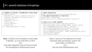 #1: upsert() database changelogs
// Command to extract incrementals using sqoop
bin/sqoop import 
-Dmapreduce.job.user.classpath.first=true 
--connect jdbc:mysql://localhost/users 
--username root 
--password ******* 
--table users 
--as-avrodatafile 
--target-dir 
s3:///tmp/sqoop/import-1/users
// Spark Datasource
Import com.uber.hoodie.DataSourceWriteOptions._
// Use Spark datasource to read avro
Dataset<Row> inputDataset
spark.read.avro(‘s3://tmp/sqoop/import-1/users/*’);
// save it as a Hudi dataset
inputDataset.write.format(“com.uber.hoodie”)
.option(HoodieWriteConfig.TABLE_NAME, “hoodie.users”)
.option(RECORDKEY_FIELD_OPT_KEY(), "userID")
.option(PARTITIONPATH_FIELD_OPT_KEY(),"country")
.option(PRECOMBINE_FIELD_OPT_KEY(), "last_mod")
.option(OPERATION_OPT_KEY(), UPSERT_OPERATION_OPT_VAL())
.mode(SaveMode.Append);
.save(“/path/on/dfs”)
Step 1: Extract new changes to users table
in MySQL, as avro data files on DFS
(or)
Use data integration tool of choice to feed
db changelogs to Kafka/event queue
Step 2: Use your fav datasource to read
extracted data and directly “upsert” the
users table on DFS/Hive
(or)
Use the Hudi DeltaStreamer tool
 