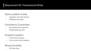 Requirement #3: Transactional Writes
Atomic publish of data
- Ingestion can fail midway
- Rollback bad data
Consistency Guarantees
- No partial data exposed
- Repeatable queries
Snapshot Isolation
- Time-travel queries
- Concurrent writer/readers
Strong Durability
- No data loss
 