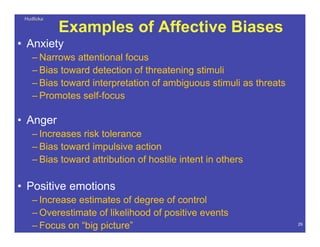 HudlickaHudlicka
29
Examples of Affective Biases
• Anxiety
– Narrows attentional focus
– Bias toward detection of threatening stimuli
– Bias toward interpretation of ambiguous stimuli as threats
– Promotes self-focus
• Anger
– Increases risk tolerance
– Bias toward impulsive action
– Bias toward attribution of hostile intent in others
• Positive emotions
– Increase estimates of degree of control
– Overestimate of likelihood of positive events
– Focus on “big picture”
 