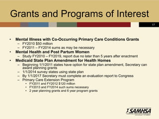 Grants and Programs of Interest Mental Illness with Co-Occurring Primary Care Conditions Grants FY2010 $50 million FY2011 – FY2014 sums as may be necessary Mental Health and Post Partum Women Study FY2010 – FY2019, report due no later than 5 years after enactment Medicaid State Plan Amendment for Health Homes Beginning 1/1/2011 states have option for state plan amendment, Secretary can award planning grants 1/1/2014 survey states using state plan  By 1/1/2017 Secretary must complete an evaluation report to Congress Primary Care Extension Program FY2011 and FY2012 $120 million FY2013 and FY2014 such sums necessary 2 year planning grants and 6 year program grants 