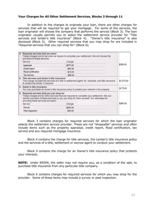 Your Charges for All Other Settlement Services, Blocks 3 through 11

       In addition to the charges to originate your loan, there are other charges for
services that will be required to get your mortgage. For some of the services, the
loan originator will choose the company that performs the service (Block 3). The loan
originator usually permits you to select the settlement service provider for “Title
services and lender‟s title insurance” (Block 4). “Owner‟s title insurance” is also
disclosed (Block 5). Other required services that you may shop for are included in
“Required services that you can shop for” (Block 6).




       Block 3 contains charges for required services for which the loan originator
selects the settlement service provider. These are not “shoppable” services and often
include items such as the property appraisal, credit report, flood certification, tax
service and any required mortgage insurance.

      Block 4 contains the charge for title services, the Lender‟s title insurance policy
and the services of a title, settlement or escrow agent to conduct your settlement.

       Block 5 contains the charge for an Owner‟s title insurance policy that protects
your interests.

NOTE: Under RESPA, the seller may not require you, as a condition of the sale, to
purchase title insurance from any particular title company.

      Block 6 contains charges for required services for which you may shop for the
provider. Some of these items may include a survey or pest inspection.




                                                                                    15
 