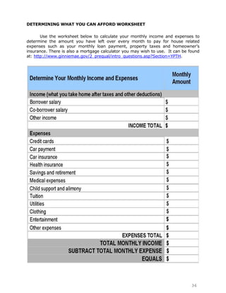 DETERMINING WHAT YOU CAN AFFORD WORKSHEET

       Use the worksheet below to calculate your monthly income and expenses to
determine the amount you have left over every month to pay for house related
expenses such as your monthly loan payment, property taxes and homeowner‟s
insurance. There is also a mortgage calculator you may wish to use. It can be found
at: http://www.ginniemae.gov/2_prequal/intro_questions.asp?Section=YPTH.




                                                                               36
 
