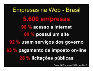 Empresas na Web - Brasil
      5.600 empresas
      98 % acesso a internet
       60 % possui um site
 92 % usam serviços dos governo
63 % pagamento de imposto on-line
     28 % licitações públicas
                    Fonte: NIC.br - nov 2011 / jan 2012
 