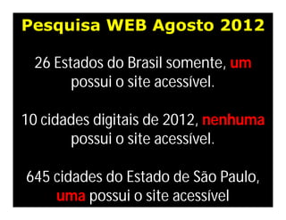 Pesquisa WEB Agosto 2012

 26 Estados do Brasil somente, um
       possui o site acessível.

10 cidades digitais de 2012, nenhuma
       possui o site acessível.

645 cidades do Estado de São Paulo,
    uma possui o site acessível
 