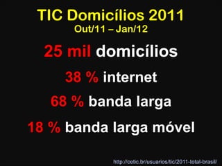 TIC Domicílios 2011
      Out/11 – Jan/12

  25 mil domicílios
    38 % internet
   68 % banda larga
18 % banda larga móvel

             http://cetic.br/usuarios/tic/2011-total-brasil/
 