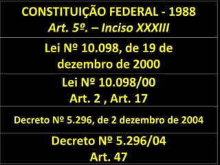 CONSTITUIÇÃO FEDERAL - 1988
    Art. 5º. – Inciso XXXIII
      Lei Nº 10.098, de 19 de
        dezembro de 2000
          Lei Nº 10.098/00
           Art. 2 , Art. 17
Decreto Nº 5.296, de 2 dezembro de 2004
       Decreto Nº 5.296/04
             Art. 47
 