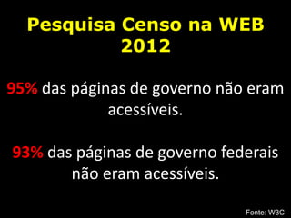 Pesquisa Censo na WEB
           2012

95% das páginas de governo não eram
             acessíveis.

93% das páginas de governo federais
       não eram acessíveis.

                              Fonte: W3C
 