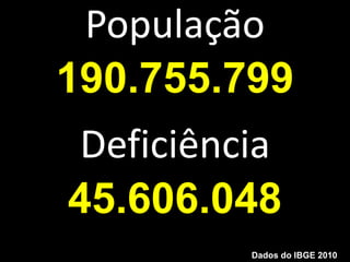 População
190.755.799
 Deficiência
45.606.048
          Dados do IBGE 2010
 