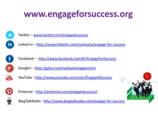 www.engageforsuccess.org
Twitter – www.twitter.com/engage4success
Linked In – http://www.linkedin.com/company/engage-for-success

Facebook – http://www.facebook.com/#!/EngageForSuccess
Google+ - http://gplus.to/employeeengagement
YouTube - http://www.youtube.com/user/Engage4Success

Pinterest - http://pinterest.com/engage4success/
BlogTalkRadio - http://www.blogtalkradio.com/engage-for-success

 