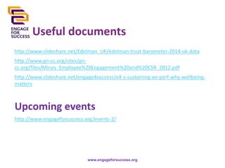 Useful documents
http://www.slideshare.net/Edelman_UK/edelman-trust-barometer-2014-uk-data
http://www.gn-cc.org/sites/gncc.org/files/Mirvis_Employee%20Engagement%20and%20CSR_2012.pdf
http://www.slideshare.net/engage4success/e4-s-sustaining-ee-perf-why-wellbeingmatters

Upcoming events
http://www.engageforsuccess.org/events-2/

www.engageforsuccess.org

 