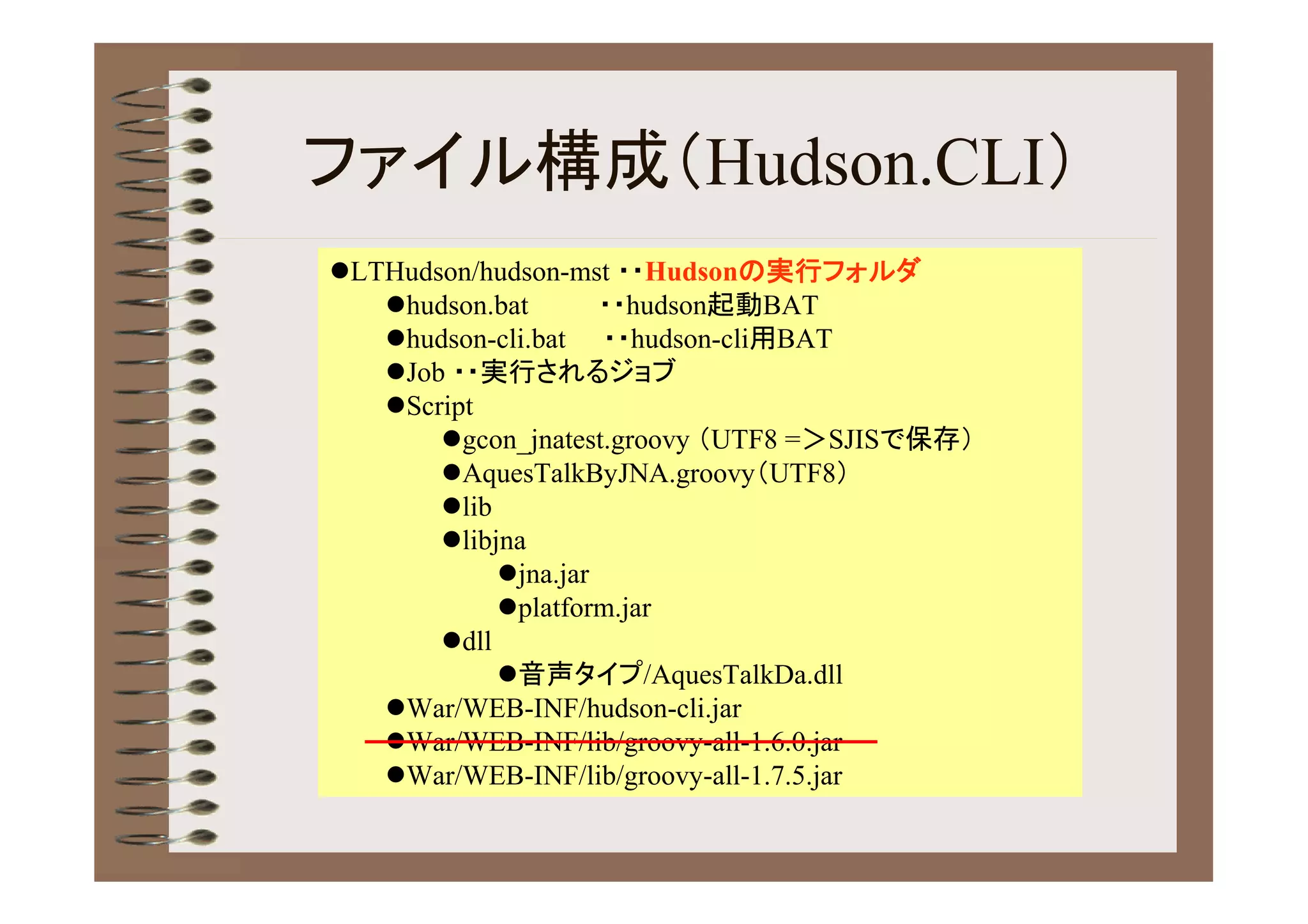 ファイル構成（Hudson.CLI）
LTHudson/hudson-mst ・・Hudsonの実行フォルダ
   hudson.bat       ・・hudson起動BAT
   hudson-cli.bat ・・hudson-cli用BAT
   Job ・・実行されるジョブ
   Script
       gcon_jnatest.groovy （UTF8 =＞SJISで保存）
       AquesTalkByJNA.groovy（UTF8）
       lib
       libjna
            jna.jar
            platform.jar
       dll
            音声タイプ/AquesTalkDa.dll
   War/WEB-INF/hudson-cli.jar
   War/WEB-INF/lib/groovy-all-1.6.0.jar
   War/WEB-INF/lib/groovy-all-1.7.5.jar
 