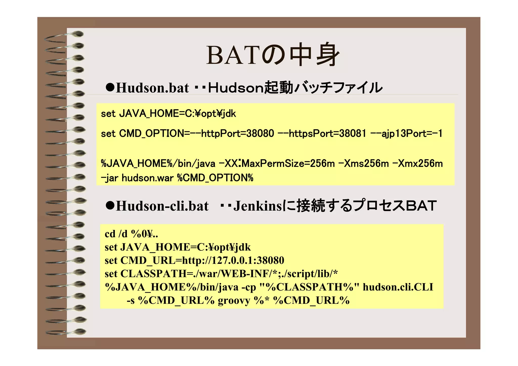 BATの中身
Hudson.bat ・・Ｈｕｄｓｏｎ起動バッチファイル
set JAVA_HOME=C:¥opt¥jdk
set CMD_OPTION=--httpPort=38080 --httpsPort=38081 --ajp13Port=-1

%JAVA_HOME%/bin/java -XX:MaxPermSize=256m -Xms256m -Xmx256m
-jar hudson.war %CMD_OPTION%

Hudson-cli.bat ・・Jenkinsに接続するプロセスＢＡＴ
cd /d %0¥..
set JAVA_HOME=C:¥opt¥jdk
set CMD_URL=http://127.0.0.1:38080
set CLASSPATH=./war/WEB-INF/*;./script/lib/*
%JAVA_HOME%/bin/java -cp "%CLASSPATH%" hudson.cli.CLI
     -s %CMD_URL% groovy %* %CMD_URL%
 