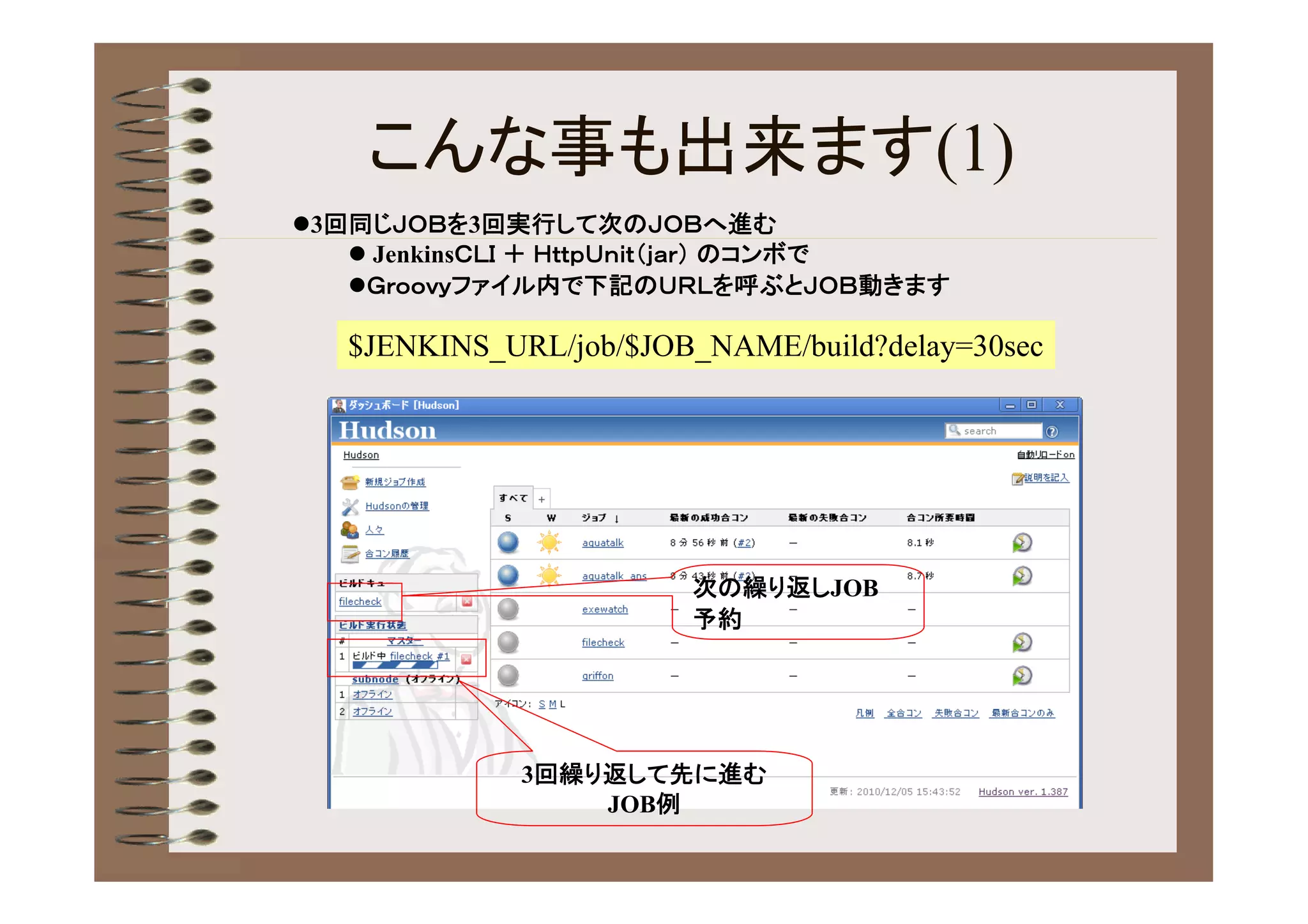 こんな事も出来ます(1)
3回同じＪＯＢを3回実行して次のＪＯＢへ進む
    JenkinsＣＬＩ ＋ ＨｔｔｐＵｎｉｔ（ｊａｒ） のコンボで
   Ｇｒｏｏｖｙファイル内で下記のＵＲＬを呼ぶとＪＯＢ動きます

   $JENKINS_URL/job/$JOB_NAME/build?delay=30sec




                        次の繰り返しJOB
                        予約




             3回繰り返して先に進む
                 JOB例
 