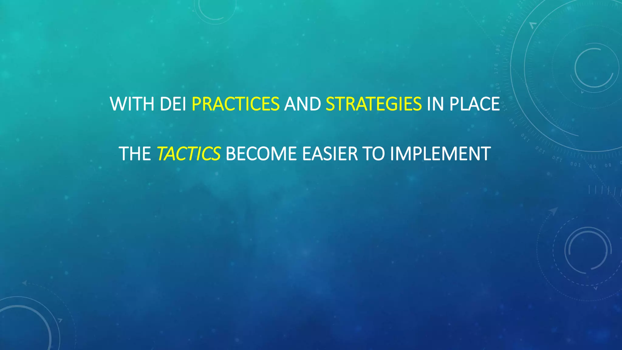 WITH DEI PRACTICES AND STRATEGIES IN PLACE
THE TACTICS BECOME EASIER TO IMPLEMENT
 